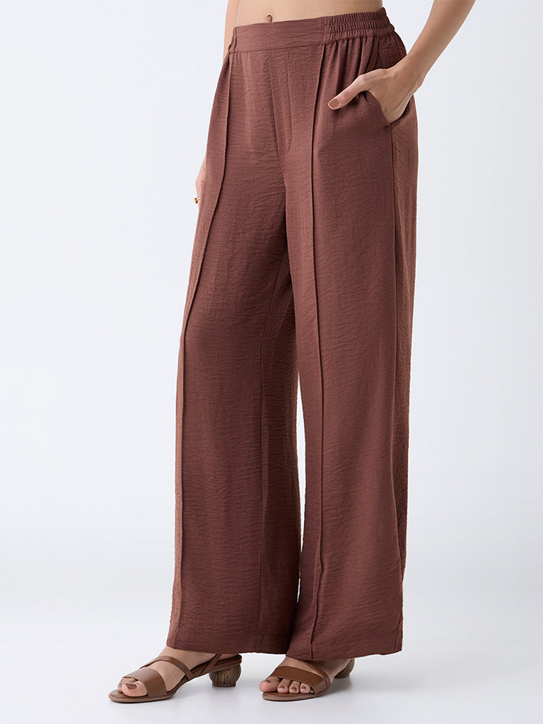 LOV Brown Crinkle-Textured High-Rise Trousers