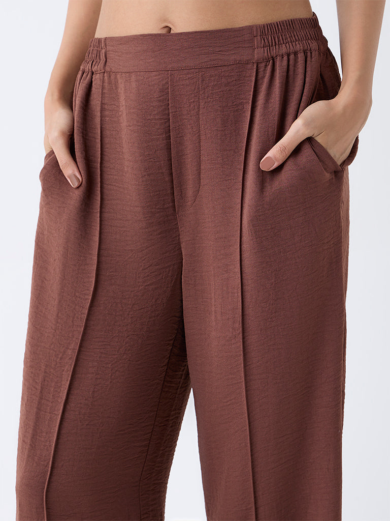 LOV Brown Crinkle-Textured High-Rise Trousers