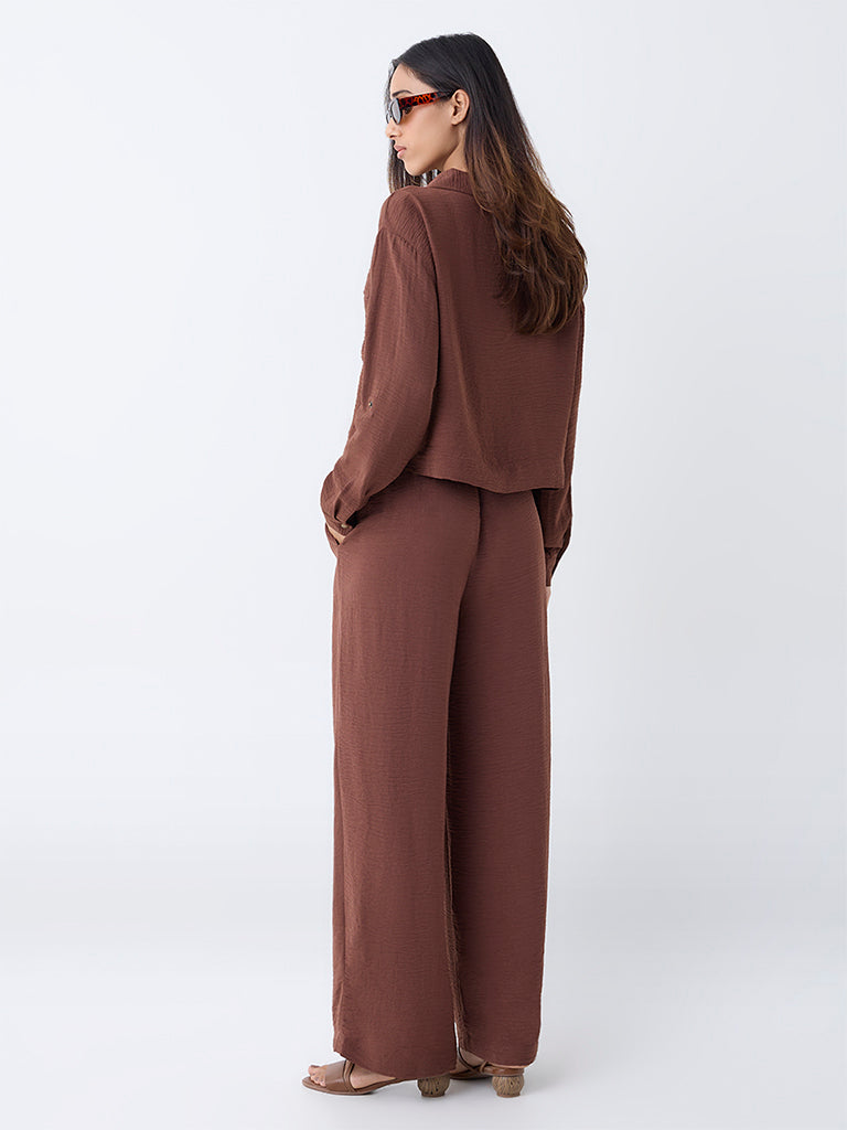 LOV Brown Crinkle-Textured High-Rise Trousers