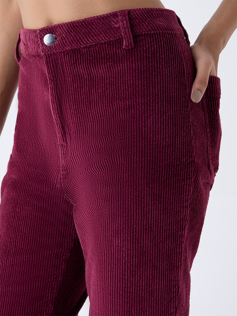 Westside LOV Women's Burgundy Bootcut High-Rise Corduroy Trousers for Casual Wear Zoomed View