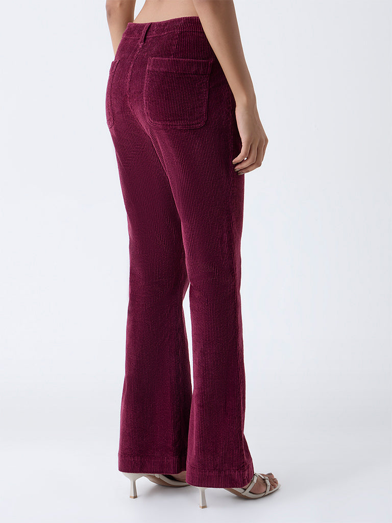 Westside LOV Women's Burgundy Bootcut High-Rise Corduroy Trousers for Casual Wear Back View