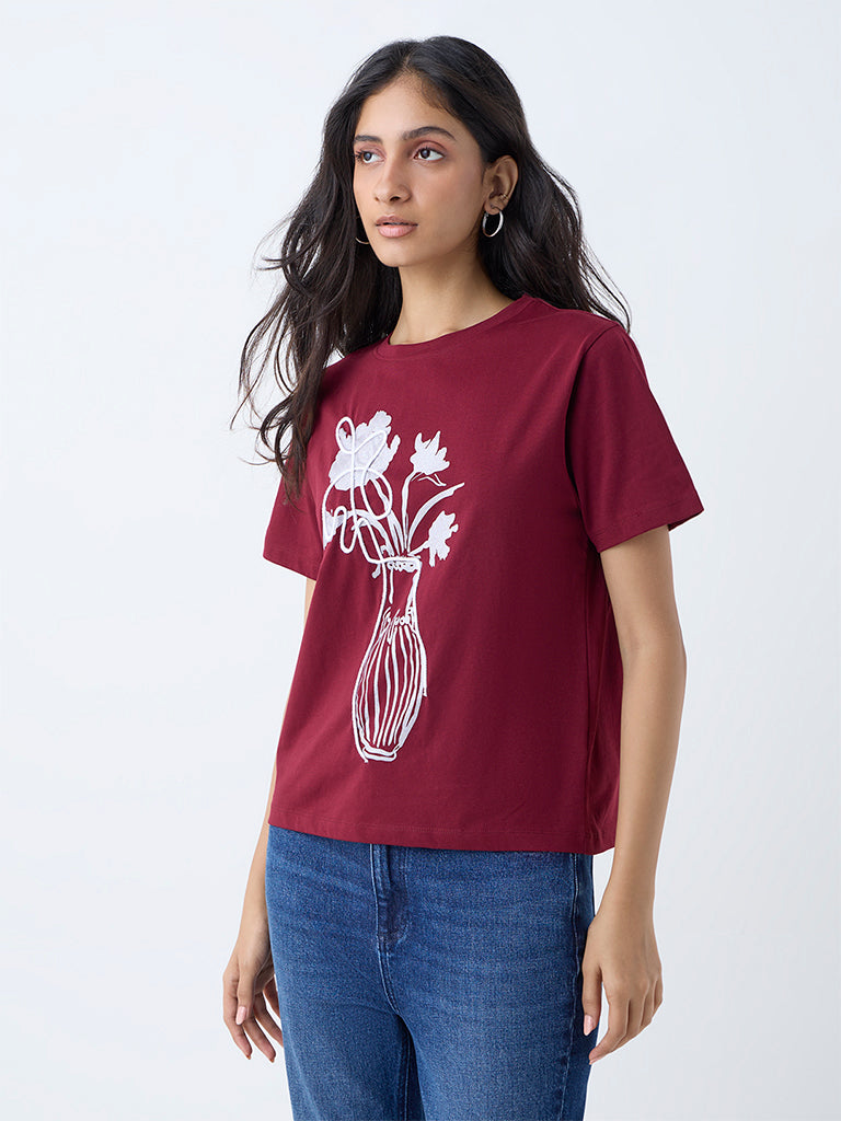 Westside LOV Women's Maroon Floral Pattern Cotton T-Shirt for Casual Wear Front view