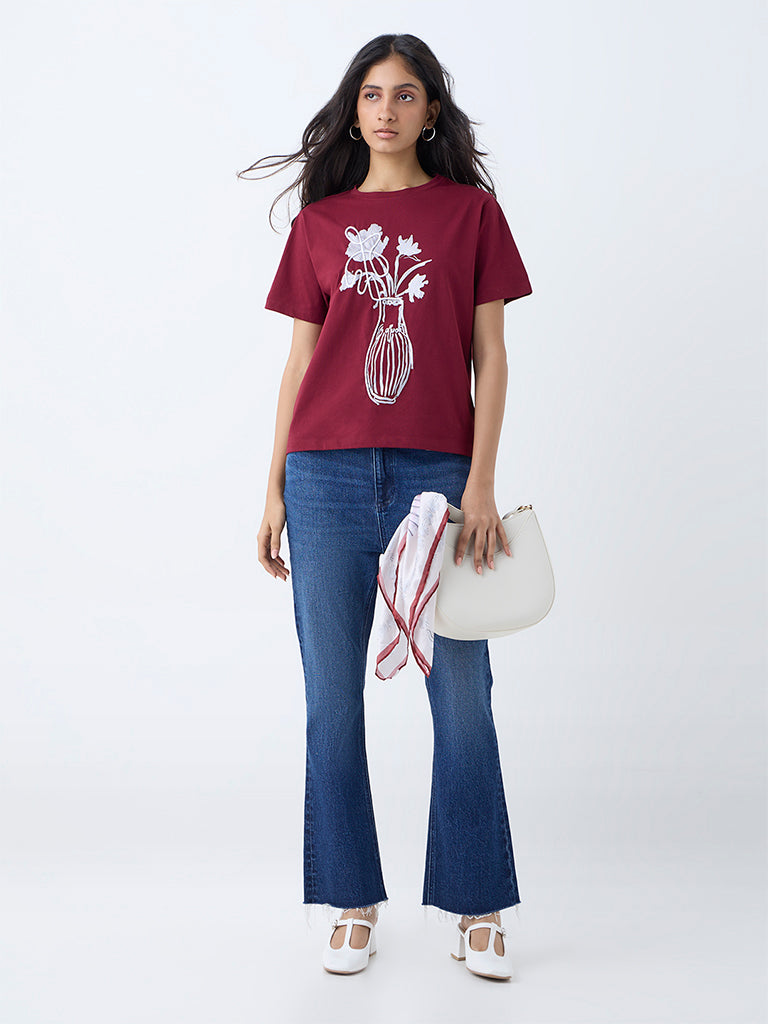 Westside LOV Women's Maroon Floral Pattern Cotton T-Shirt for Casual Wear Full View