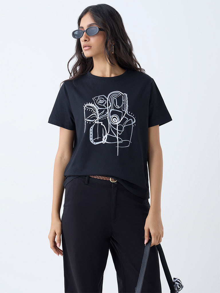 Westside LOV Women's Black Printed Cotton T-Shirt for Casual Wear Front view