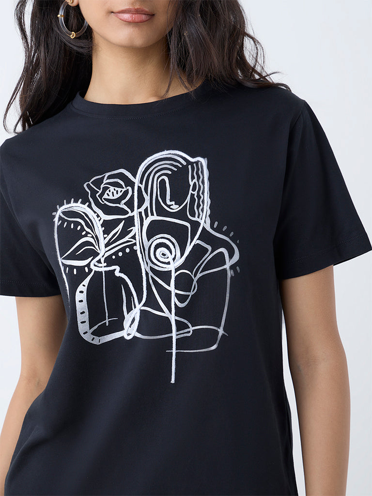 Westside LOV Women's Black Printed Cotton T-Shirt for Casual Wear Zoomed View