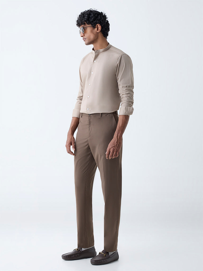 Westside WES Formals Men's Taupe Solid Ultra-Slim Fit Cotton-Blend Shirt for Work Wear Full View
