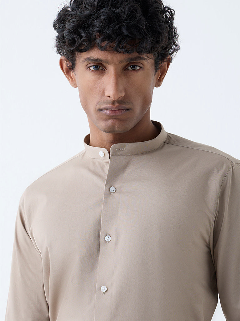 Westside WES Formals Men's Taupe Solid Ultra-Slim Fit Cotton-Blend Shirt for Work Wear Zoomed View