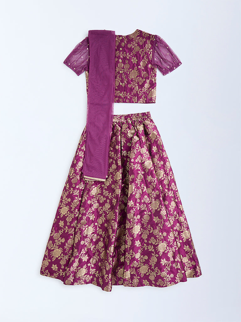 Utsa Kids Plum Floral Embroidered Ethnic Set - (8-14yrs)