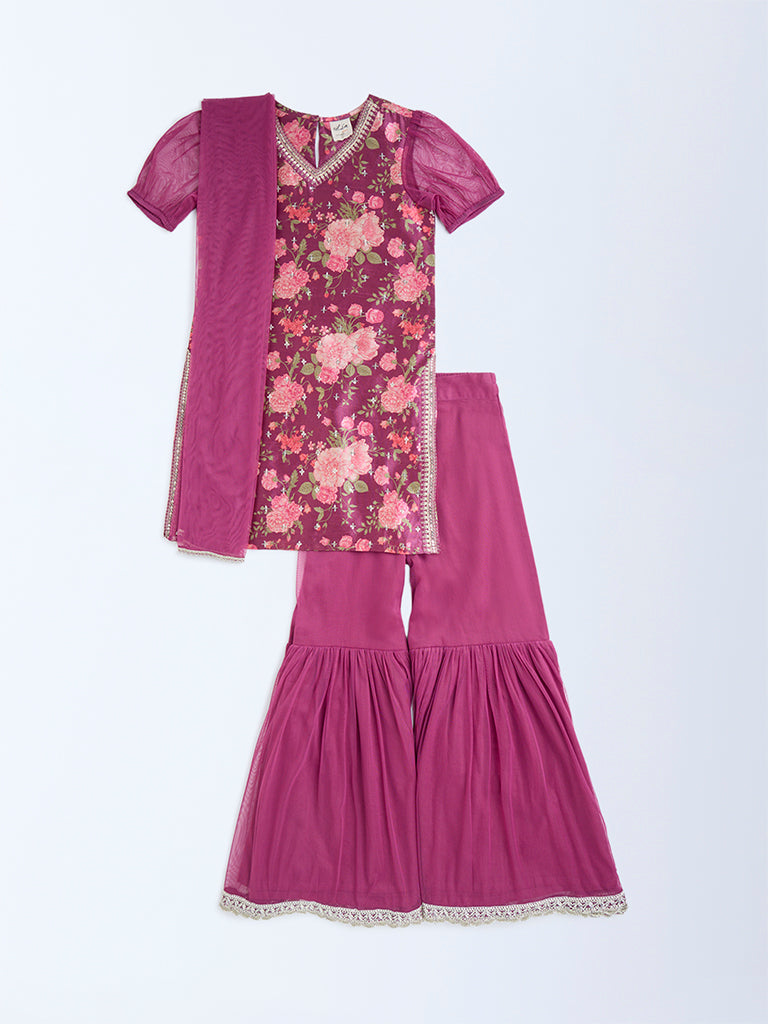 Utsa Kids Magenta Floral Pattern Ethnic Set - (8-14yrs)