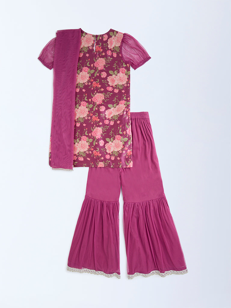 Utsa Kids Magenta Floral Pattern Ethnic Set - (8-14yrs)