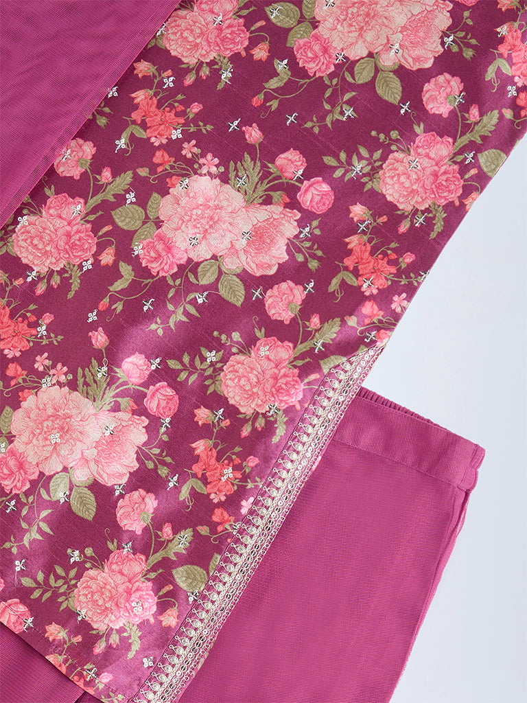 Utsa Kids Magenta Floral Pattern Ethnic Set - (8-14yrs)