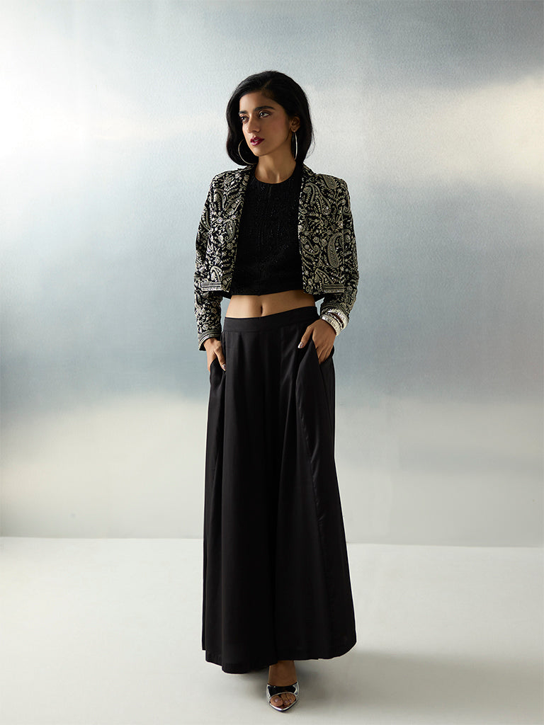 Vark Black Paisley Embroidered Jacket