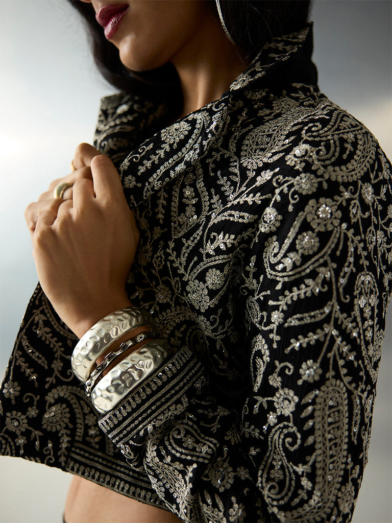 Vark Black Paisley Embroidered Jacket