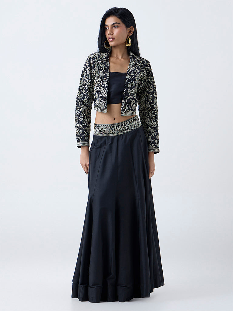 Vark Black Floral Embroidered Skirt
