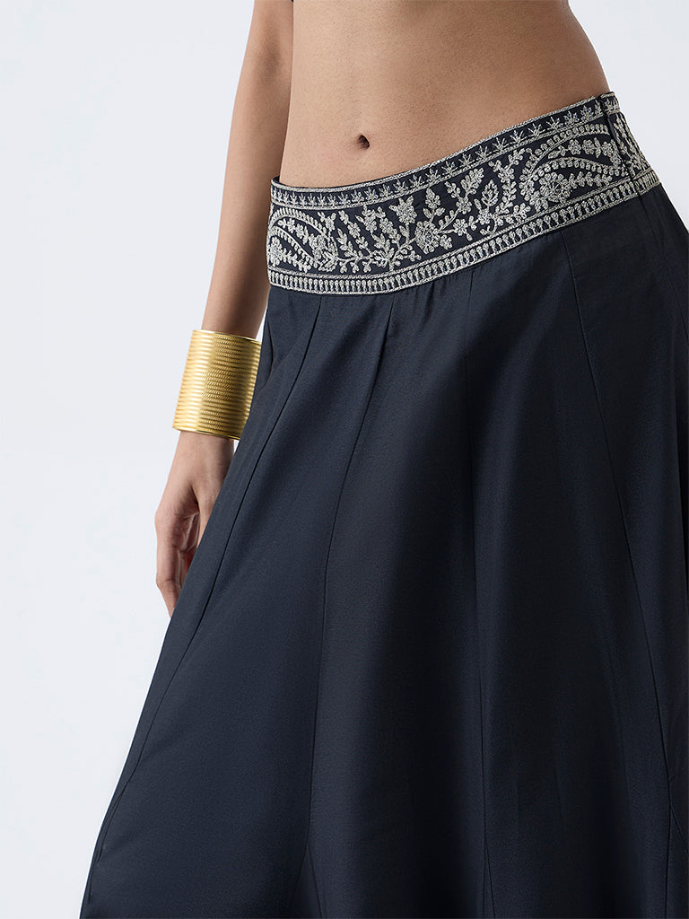 Vark Black Floral Embroidered Skirt