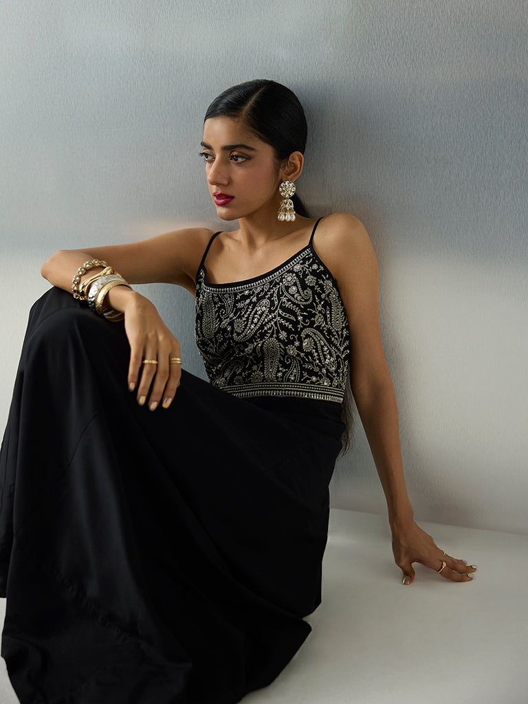 Vark Black Paisley Embroidered A-Line Dress