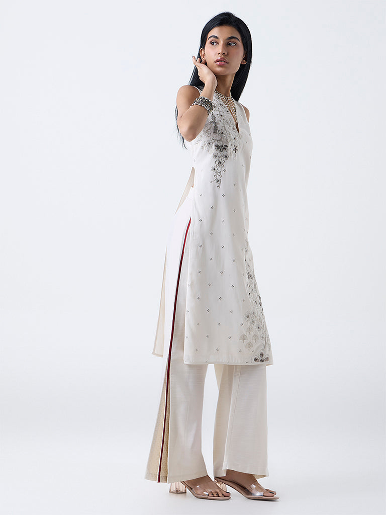 Vark Off-White Floral Embroidered A-Line Ethnic Set
