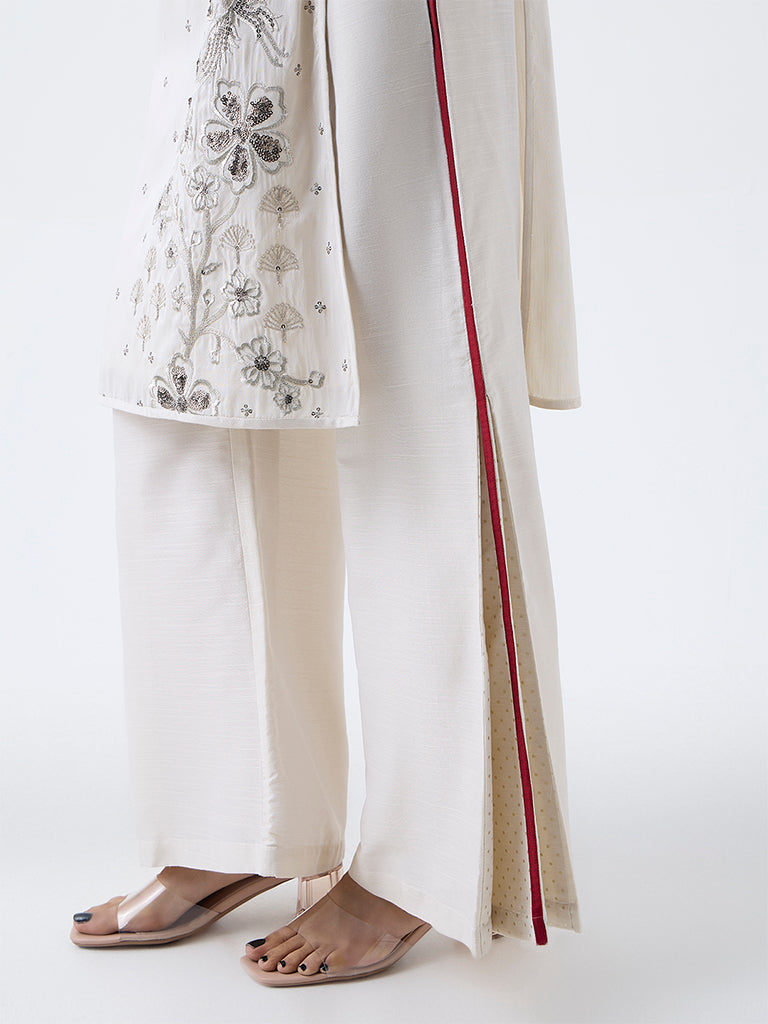 Vark Off-White Floral Embroidered A-Line Ethnic Set