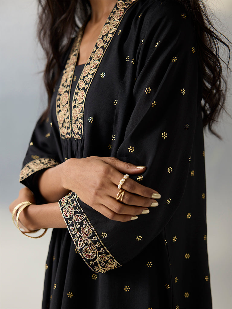 Utsa Black Printed A-Line Kurta