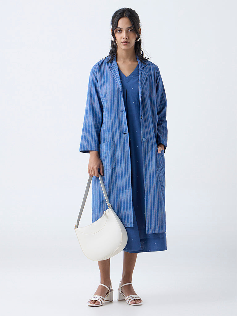 Utsa Blue Embroidered Cotton A-Line Dress