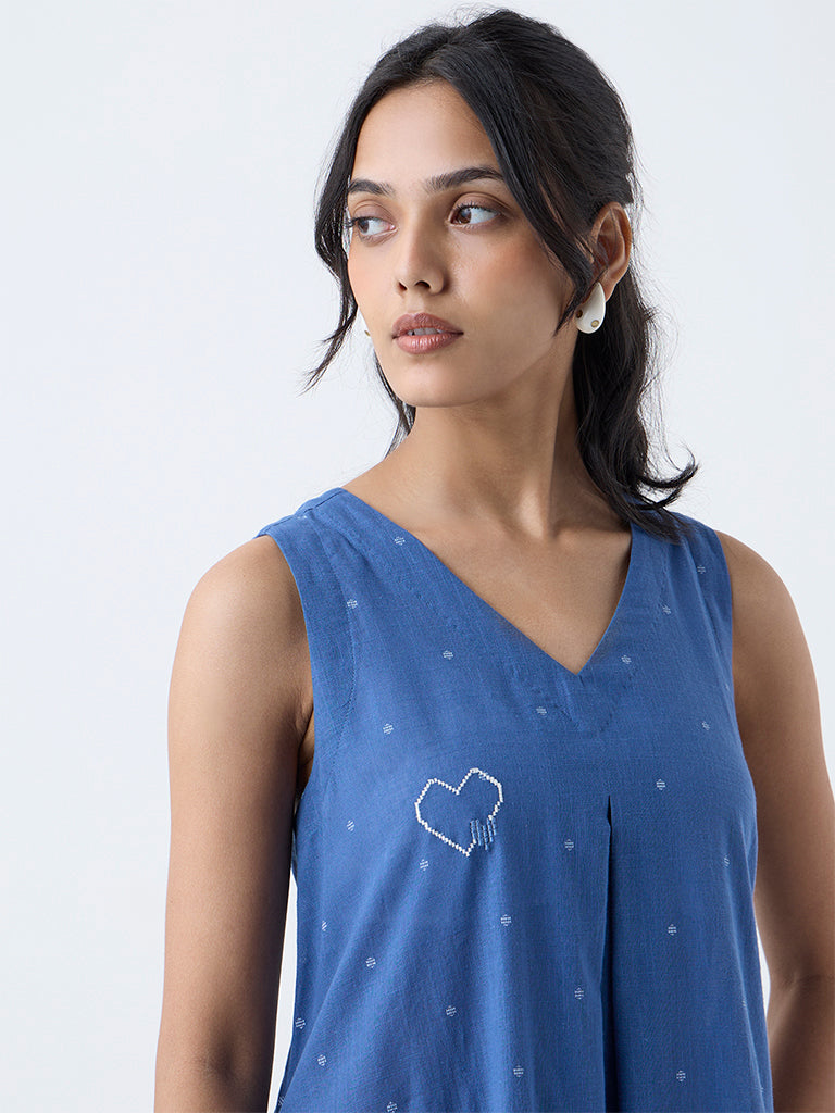 Utsa Blue Embroidered Cotton A-Line Dress