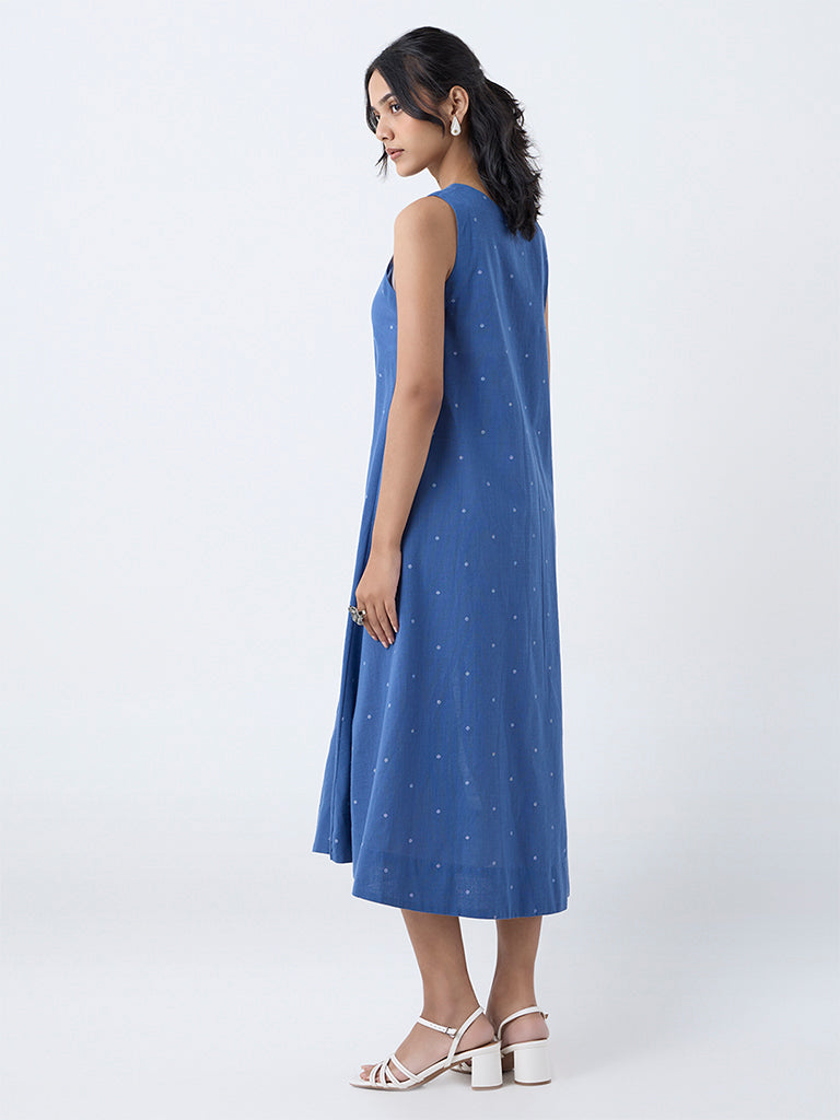 Utsa Blue Embroidered Cotton A-Line Dress
