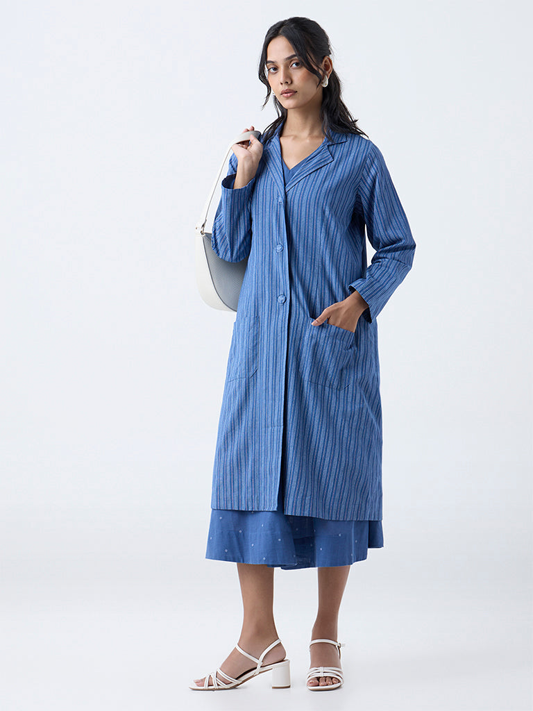 Utsa Blue Stripe Printed Cotton Jacket