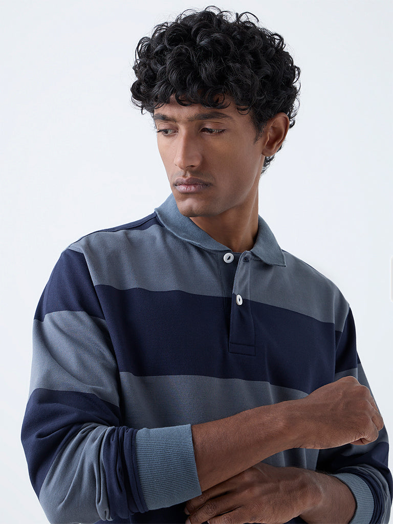 WES Casuals Dark Blue Striped Relaxed Fit Cotton-Blend Polo T-Shirt