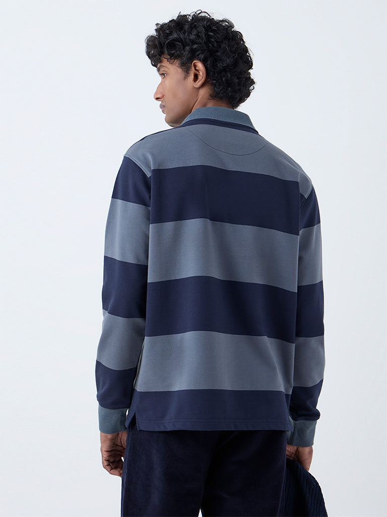 WES Casuals Dark Blue Striped Relaxed Fit Cotton-Blend Polo T-Shirt