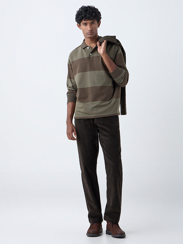 WES Casuals Olive Striped Relaxed Fit Cotton-Blend Polo T-Shirt