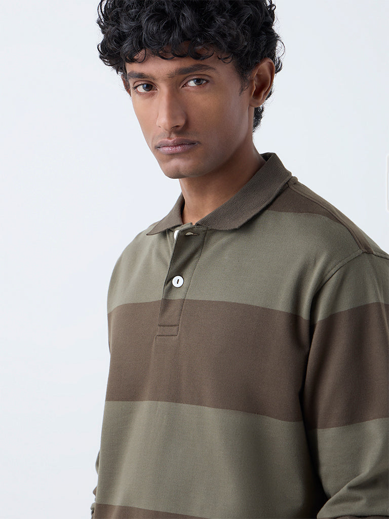 WES Casuals Olive Striped Relaxed Fit Cotton-Blend Polo T-Shirt