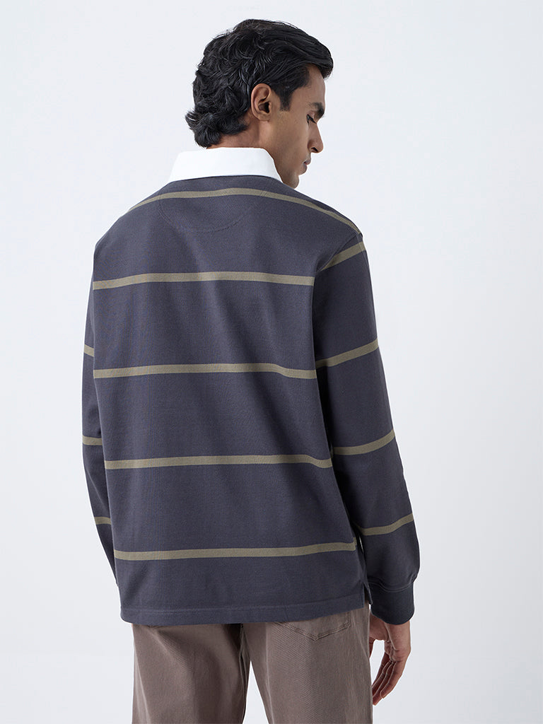 WES Casuals Black Stripe Relaxed-Fit Cotton-Blend Polo T-Shirt