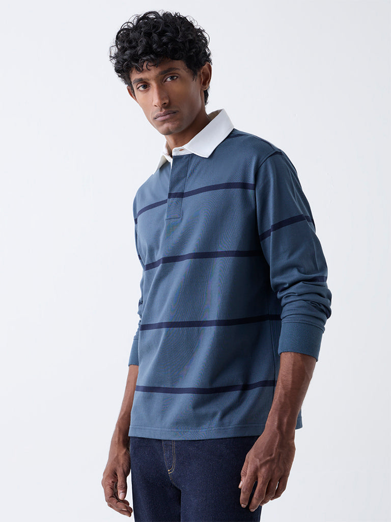 WES Casuals Dusty Blue Striped Relaxed Fit Cotton-Blend Polo T-Shirt