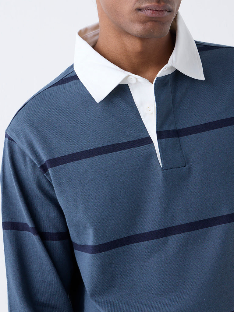 WES Casuals Dusty Blue Striped Relaxed Fit Cotton-Blend Polo T-Shirt
