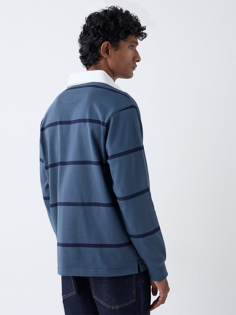 WES Casuals Dusty Blue Striped Relaxed Fit Cotton-Blend Polo T-Shirt