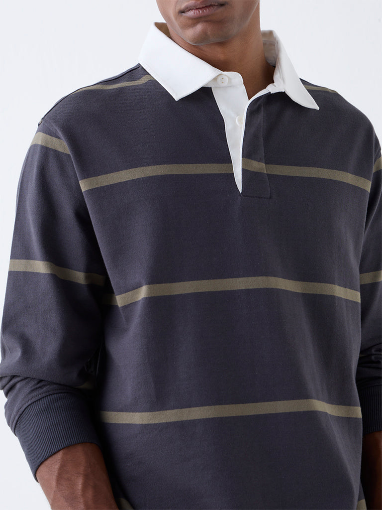 WES Casuals Dark Grey Striped Relaxed Fit Cotton-Blend Polo T-Shirt