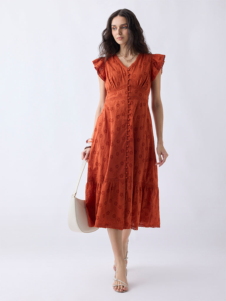 LOV Orange Floral Embroidered Cotton A-Line Dress