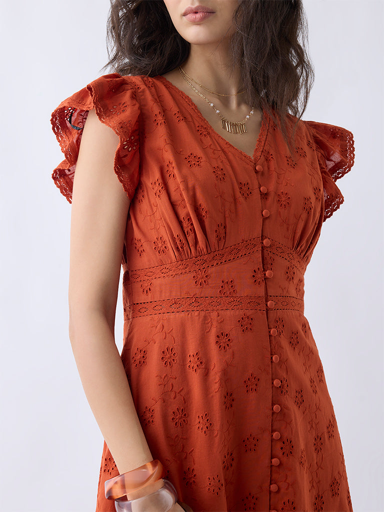 LOV Orange Floral Embroidered Cotton A-Line Dress
