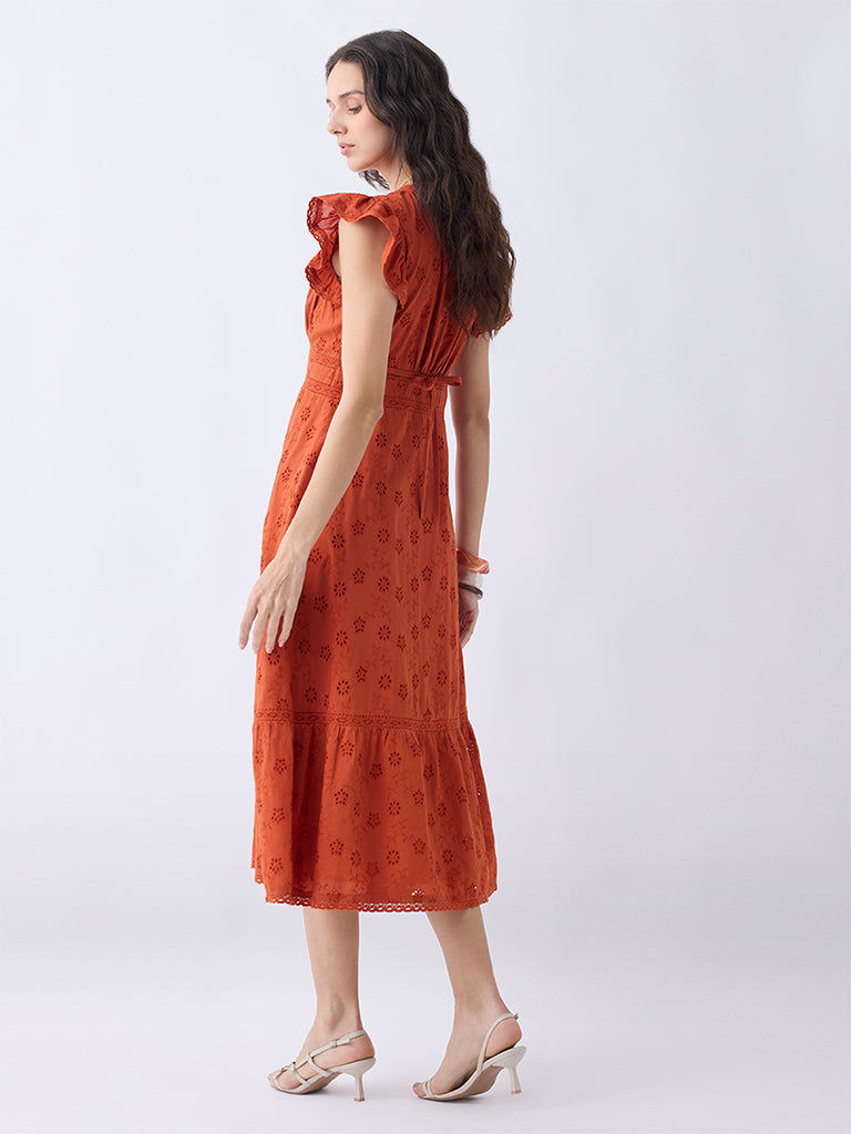 LOV Orange Floral Embroidered Cotton A-Line Dress