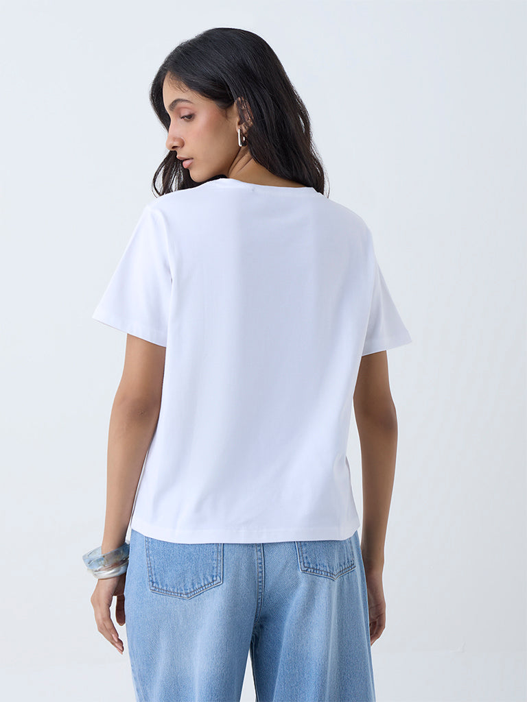 LOV White Graphic Printed Cotton T-Shirt
