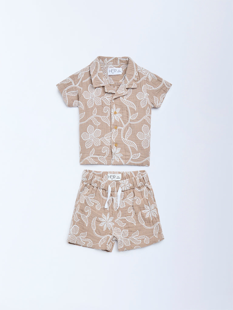 HOP Baby Boys Beige Floral Embroidered Cotton Shirt and Shorts Set