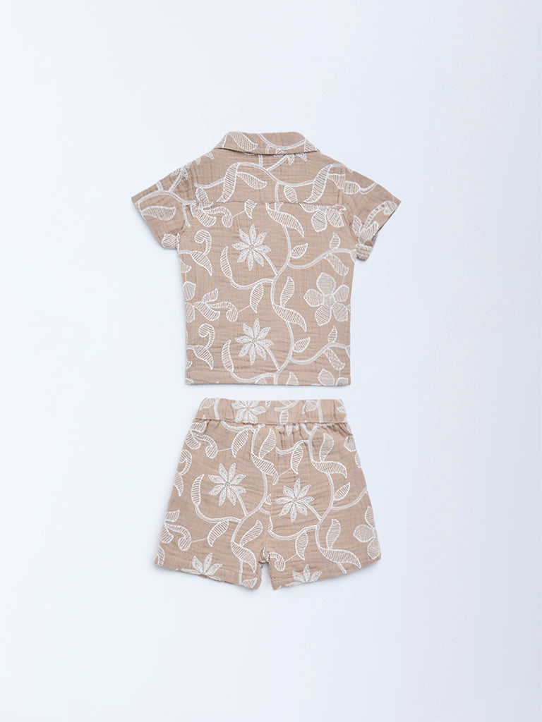 HOP Baby Boys Beige Floral Embroidered Cotton Shirt and Shorts Set
