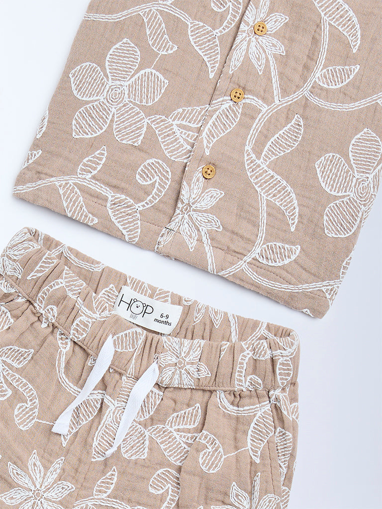 HOP Baby Boys Beige Floral Embroidered Cotton Shirt and Shorts Set