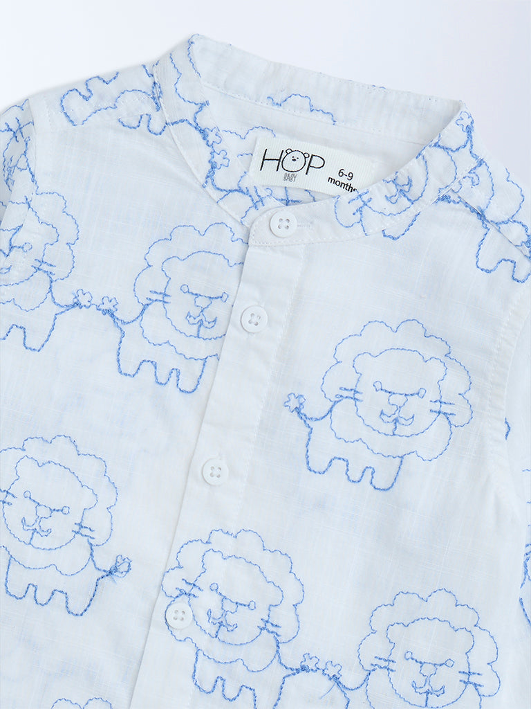 HOP Baby White Animal Embroidered Cotton Shirt