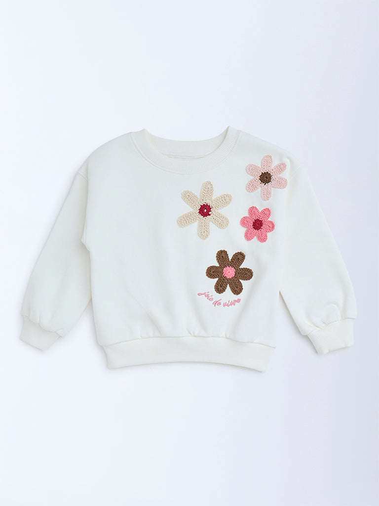 HOP Kids White Floral Embroidered Cotton Sweatshirt