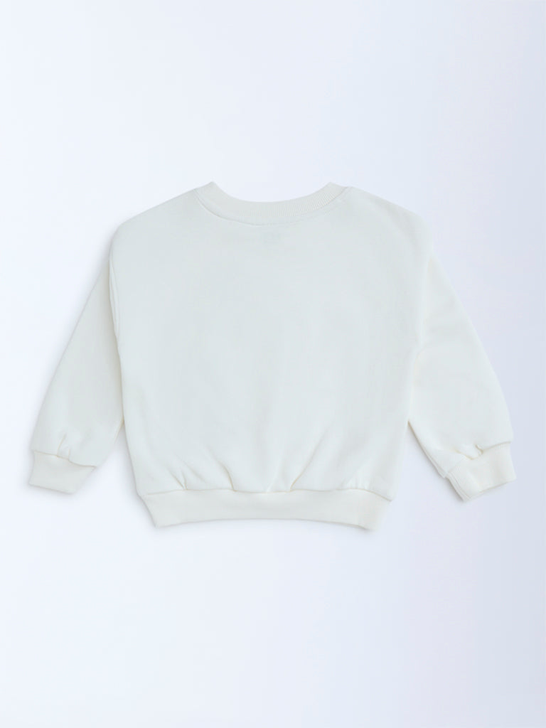 HOP Kids White Floral Embroidered Cotton Sweatshirt