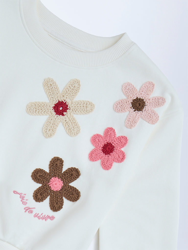 HOP Kids White Floral Embroidered Cotton Sweatshirt