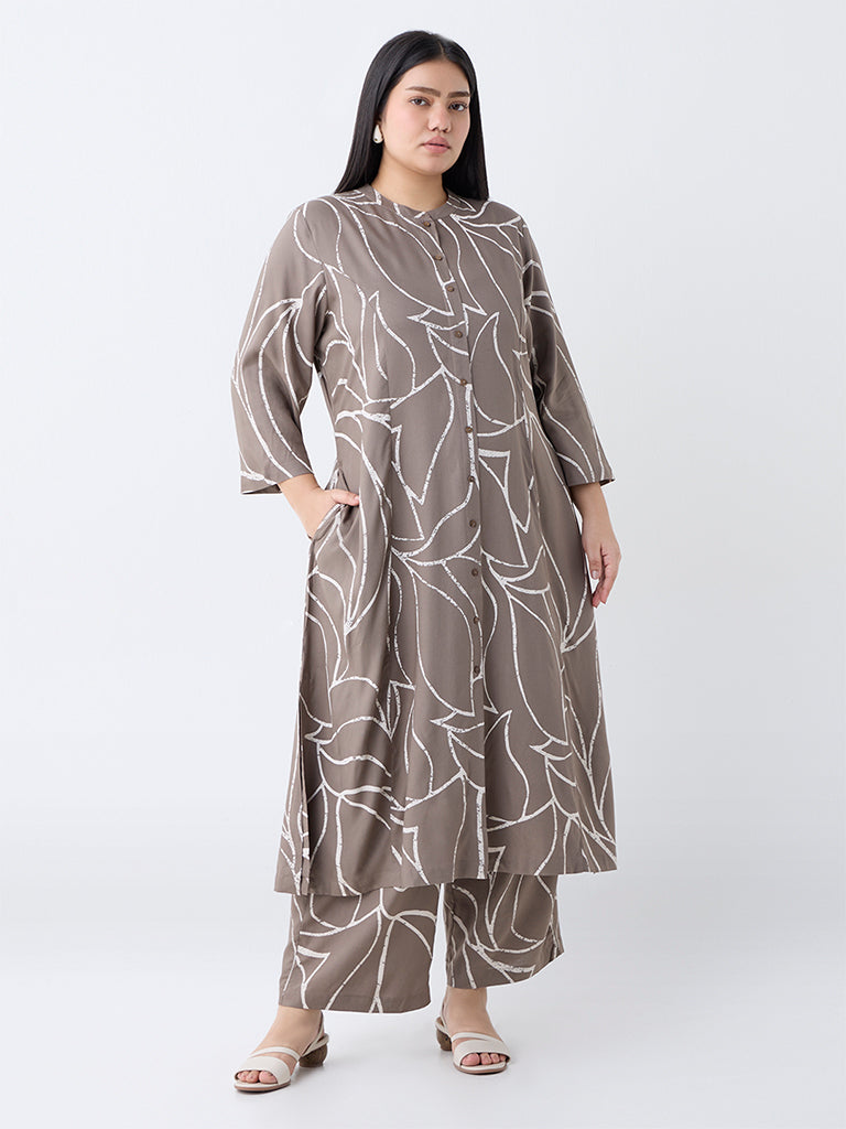 Diza Taupe Printed A-Line Kurta