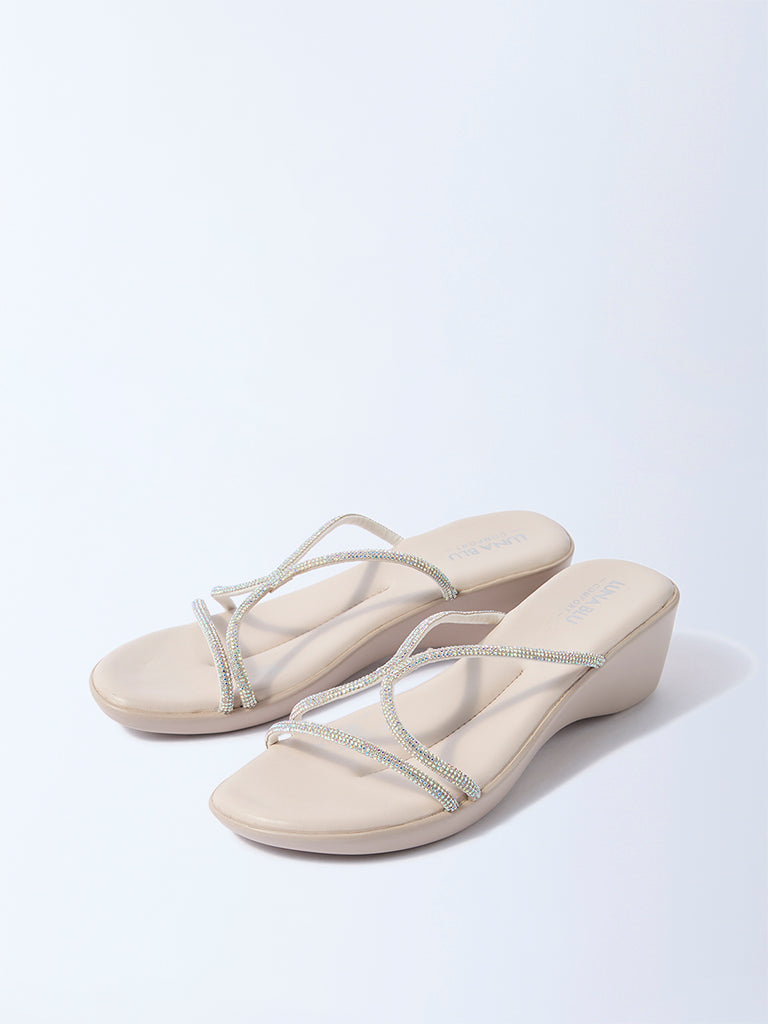 LUNA BLU Ivory Diamante Comfort Wedge-Heel Sandals