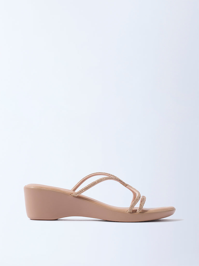LUNA BLU Rose Gold Diamante Comfort Wedge-Heel Sandals